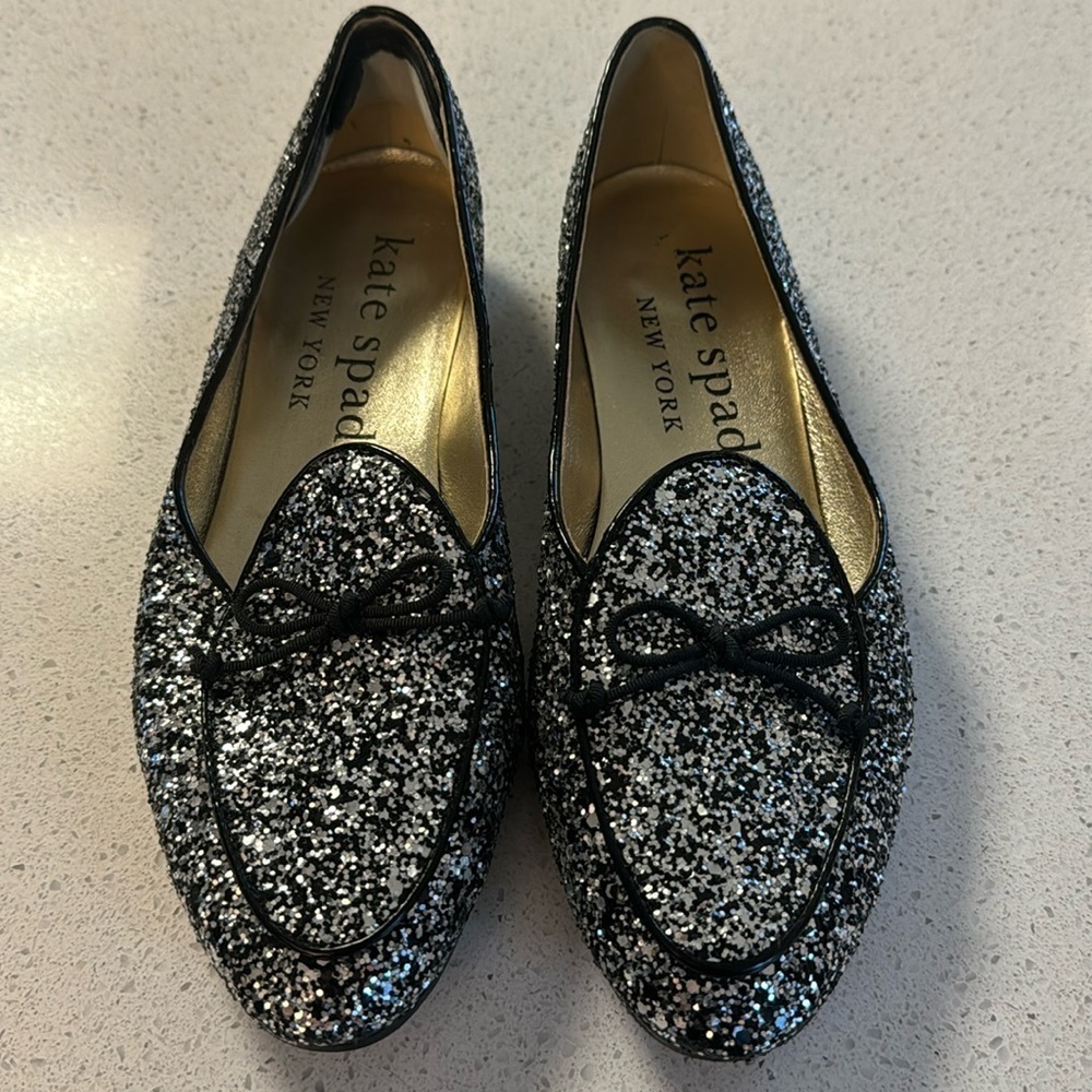 🍍 Kate Spade New York Black Silver Devi Glitter Loafer Slip On Shoes Round Toe